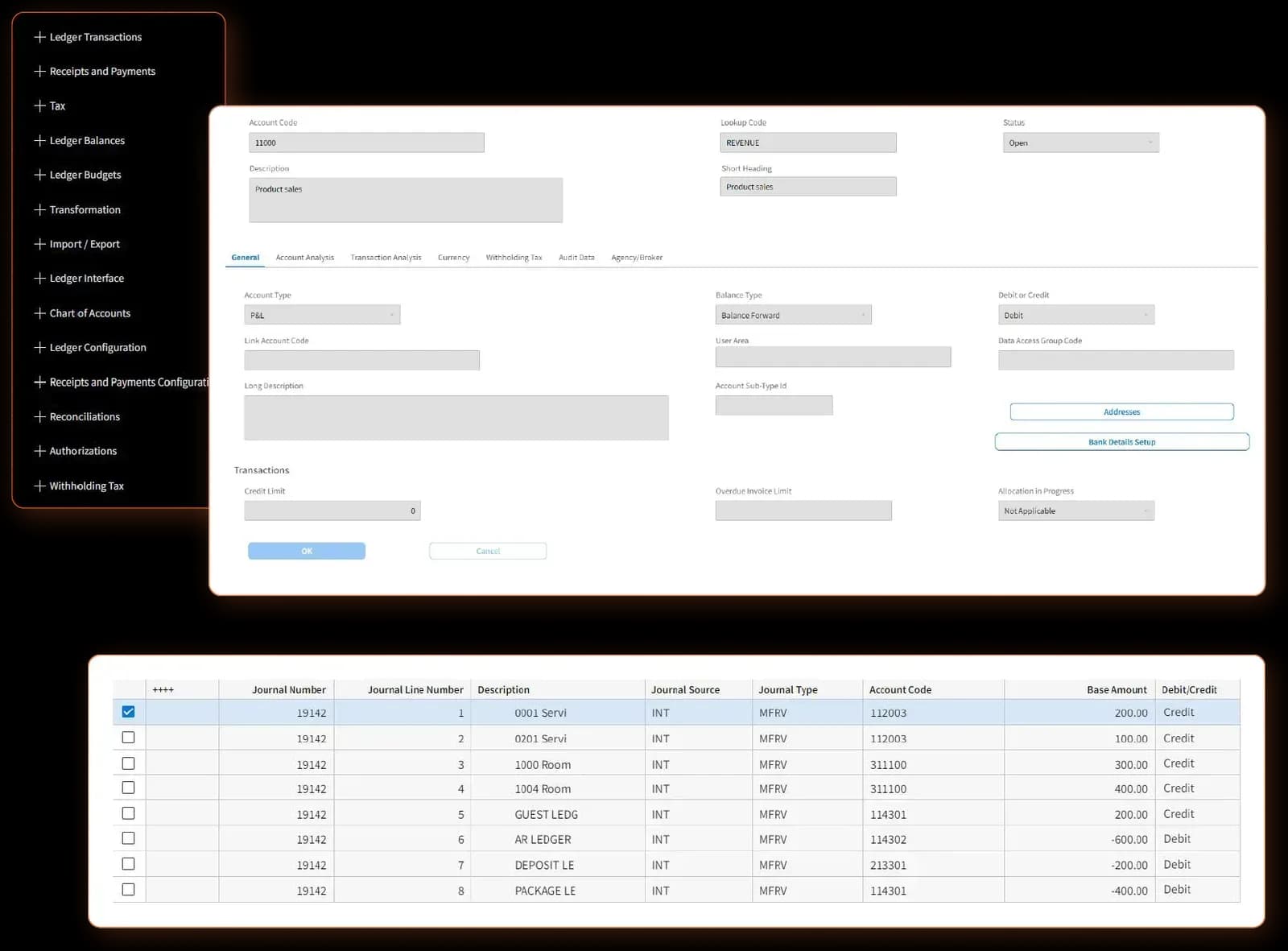 Infor SunSystems Cloud interface showing the ledger menu, an account-code maintenance form and a journal-line listing