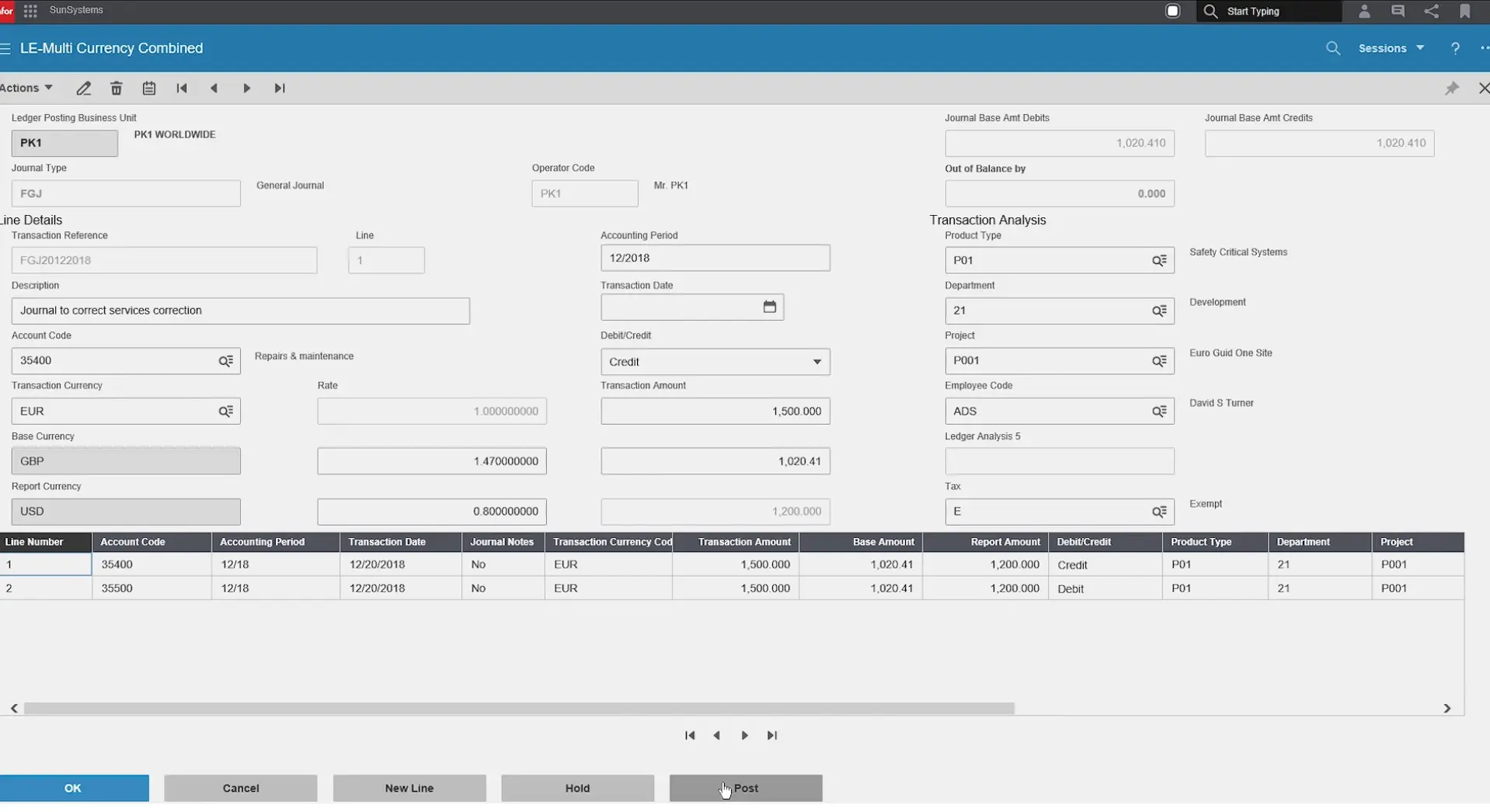 Infor SunSystems ledger entry for a multi-currency journal